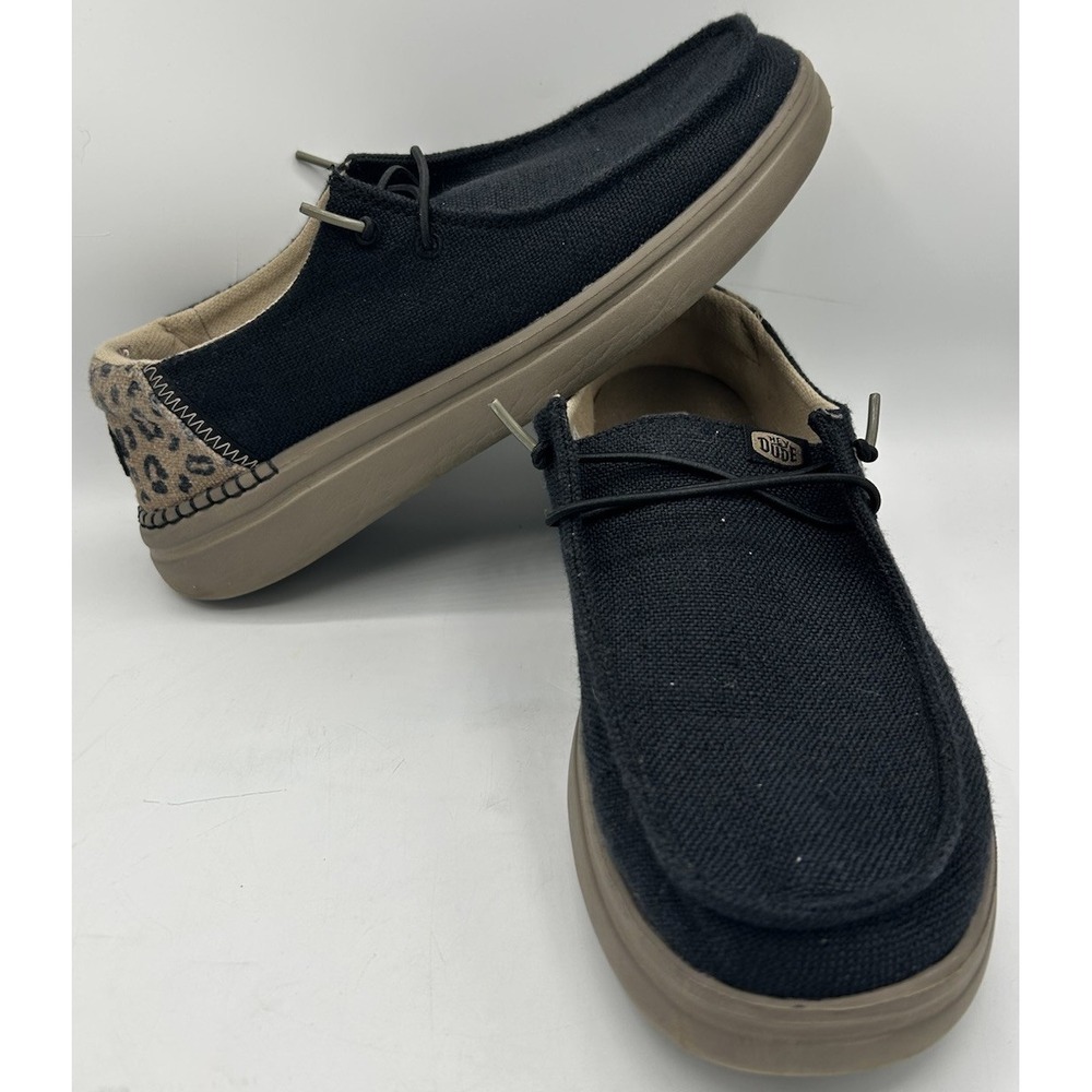 Hey Dude Wedge Casual Shoes in Black with Taupe Leopard Heel Accent